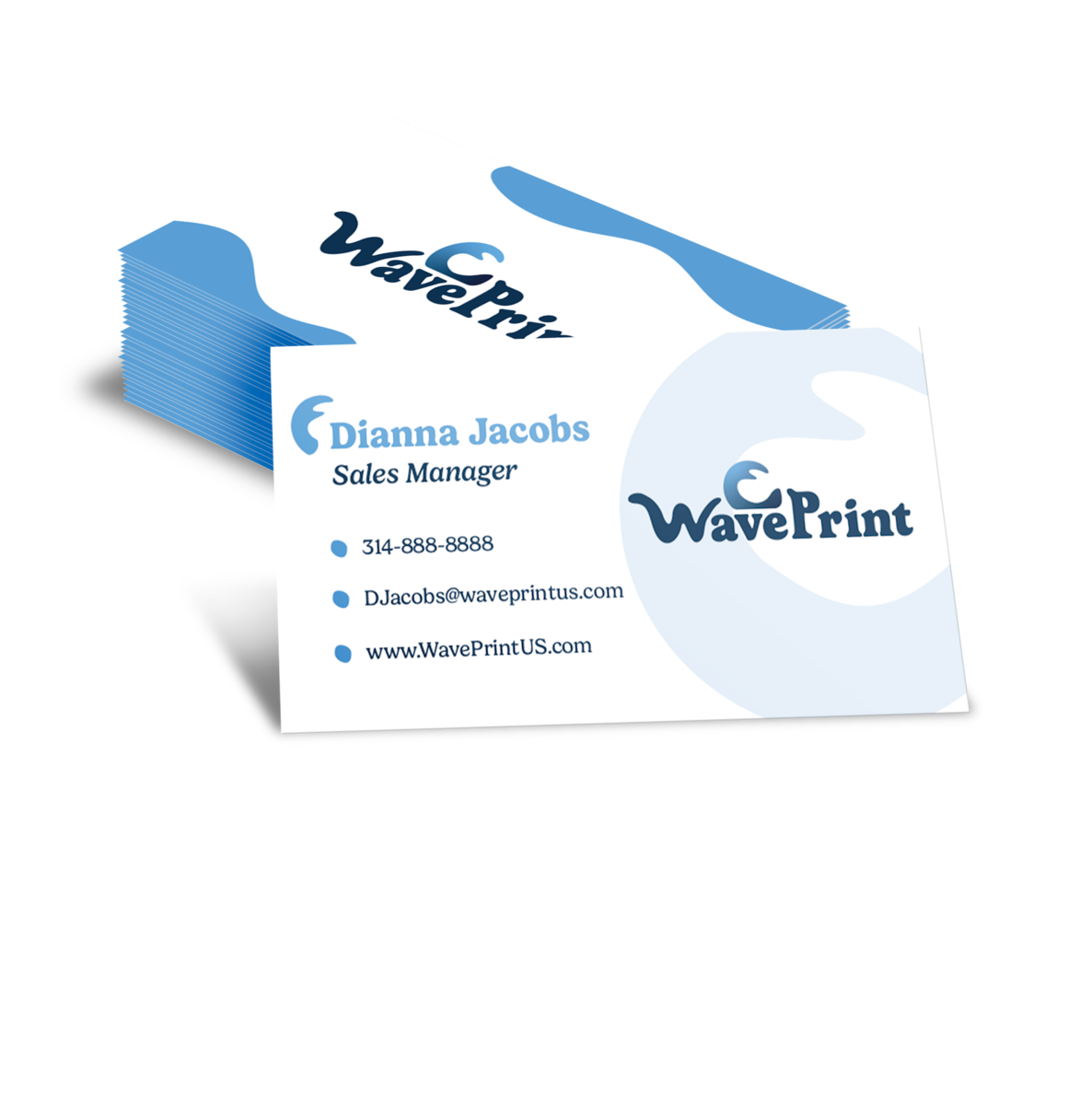 WavePrint business cards — the identity applied to print.