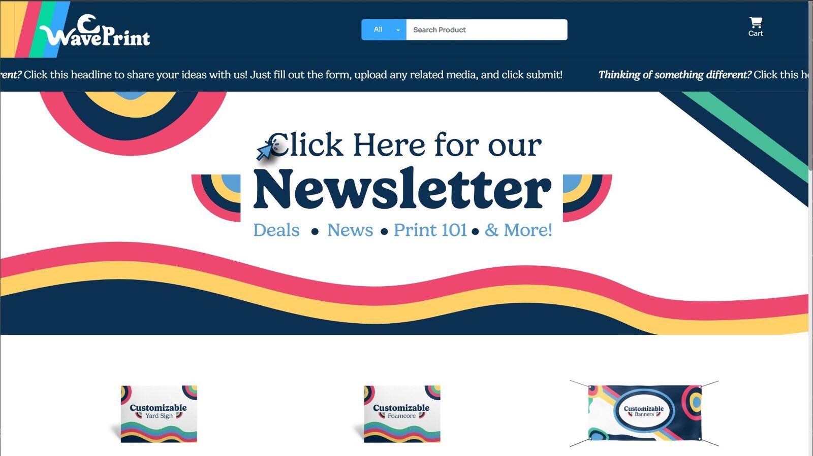 WavePrintUs storefront hero — the commercial print brand applied across web.