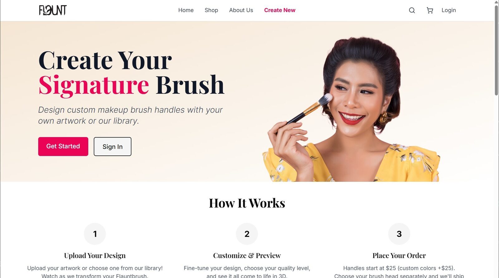 FlauntBrush storefront hero — "Create Your Signature Brush."