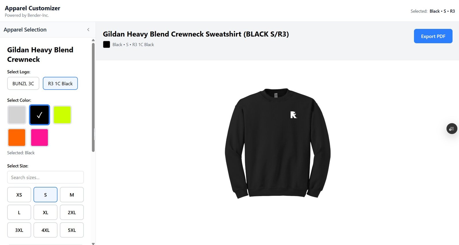 Bunzl apparel customizer — 3D garment with logo, color, and size selection.