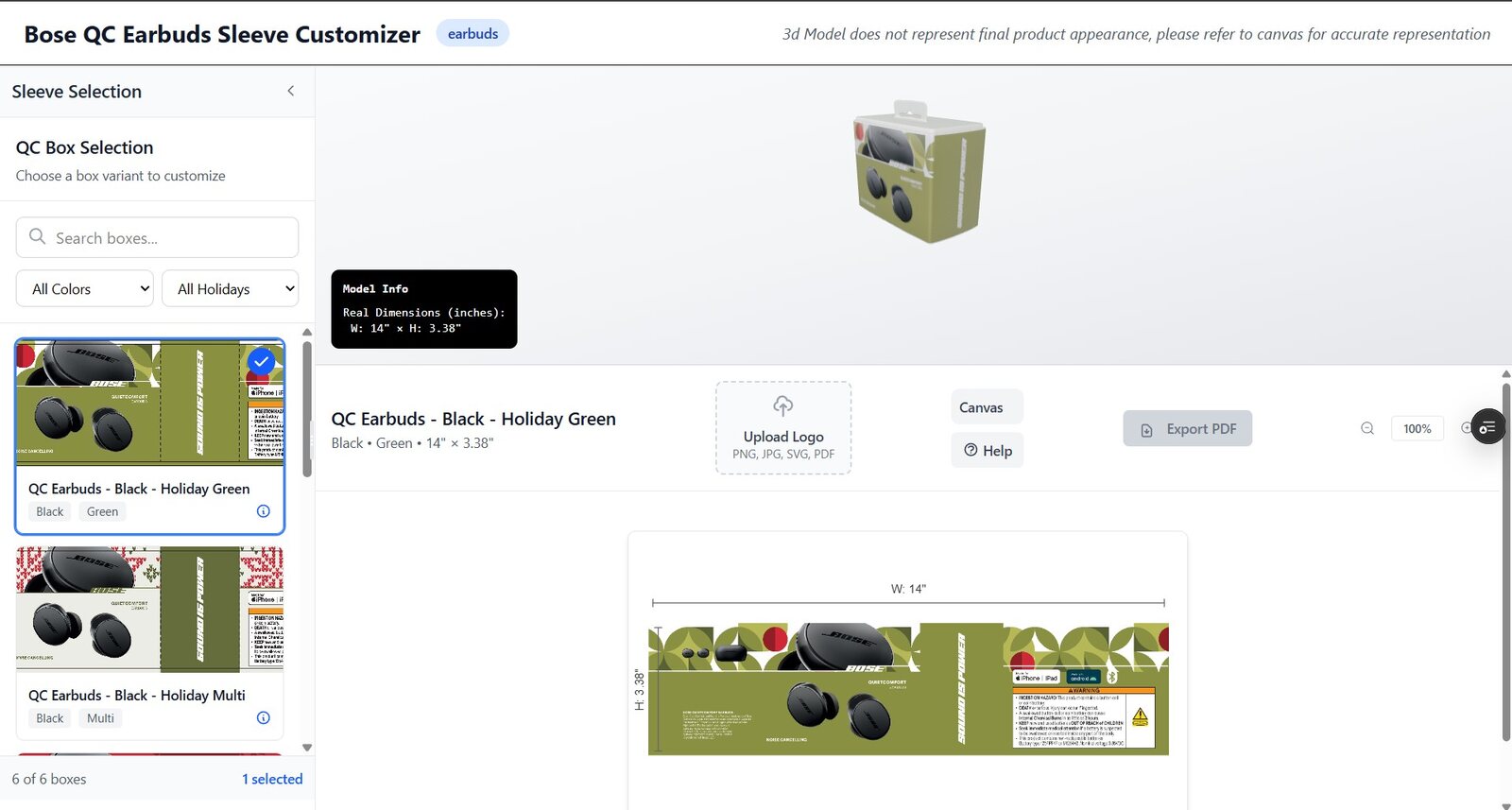 Bose QC earbuds sleeve customizer — 3D box, 2D canvas editor, and PDF export.