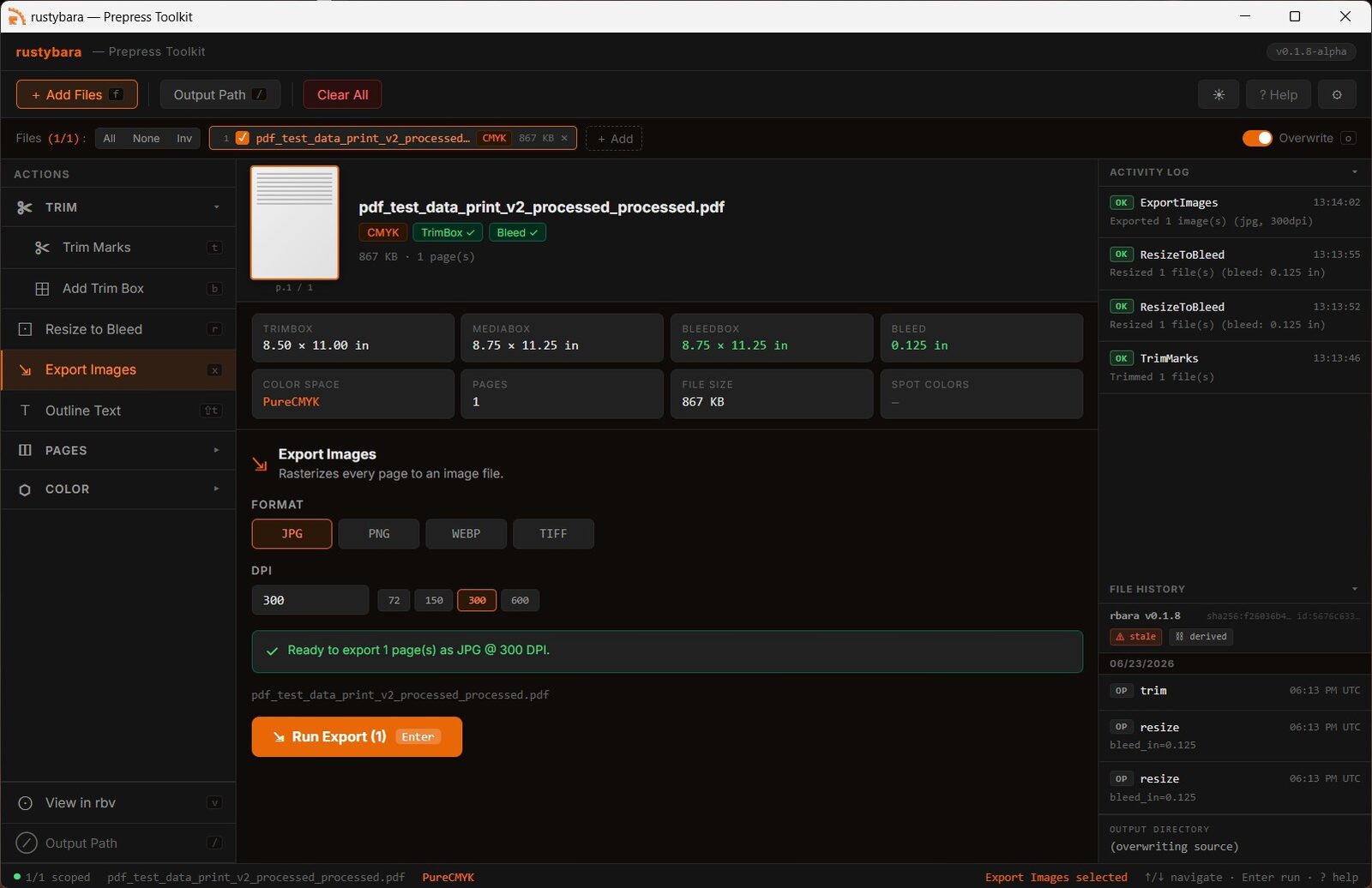 rustybara — the in-browser prepress PDF playground.
