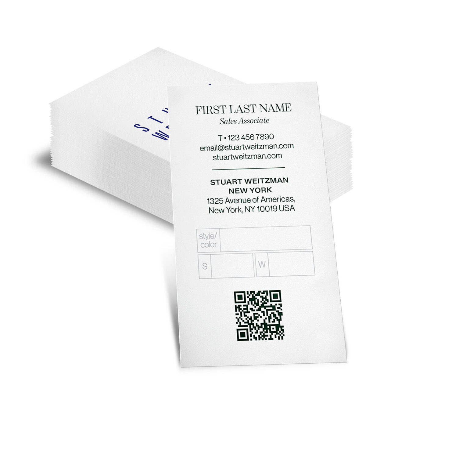Stuart Weitzman business-card proof — one master, variable name and store data.