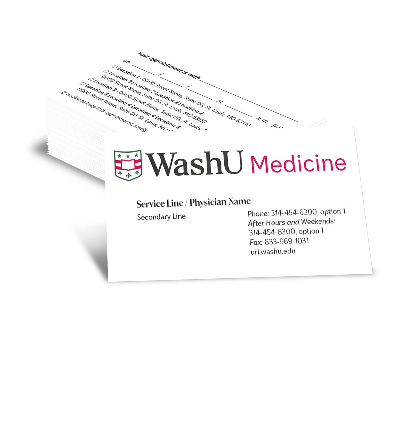 WashU Medicine clinical business card with an appointment-reminder back.