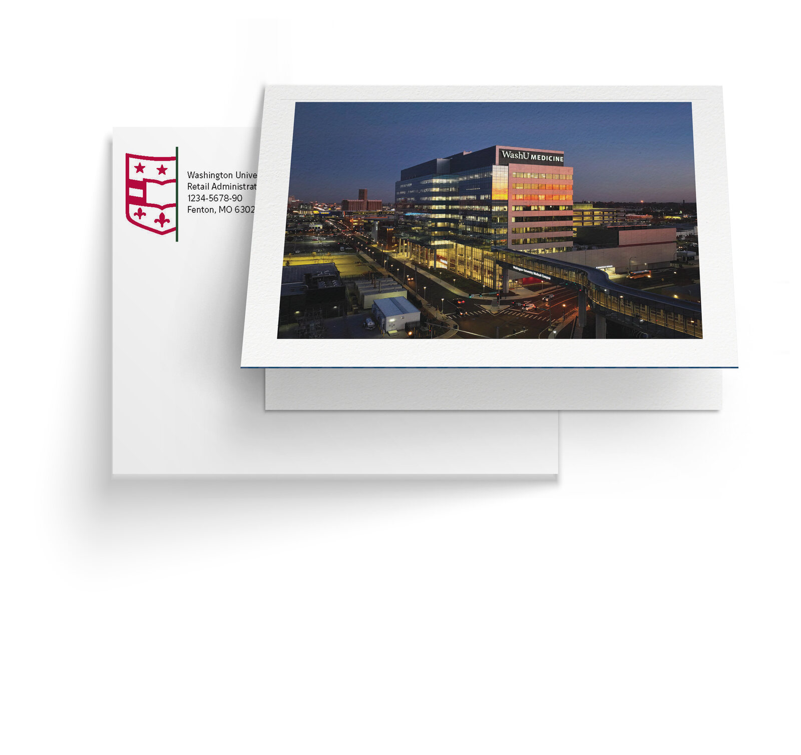WashU Medicine A7 envelope proof — variable address block on a locked brand layout.